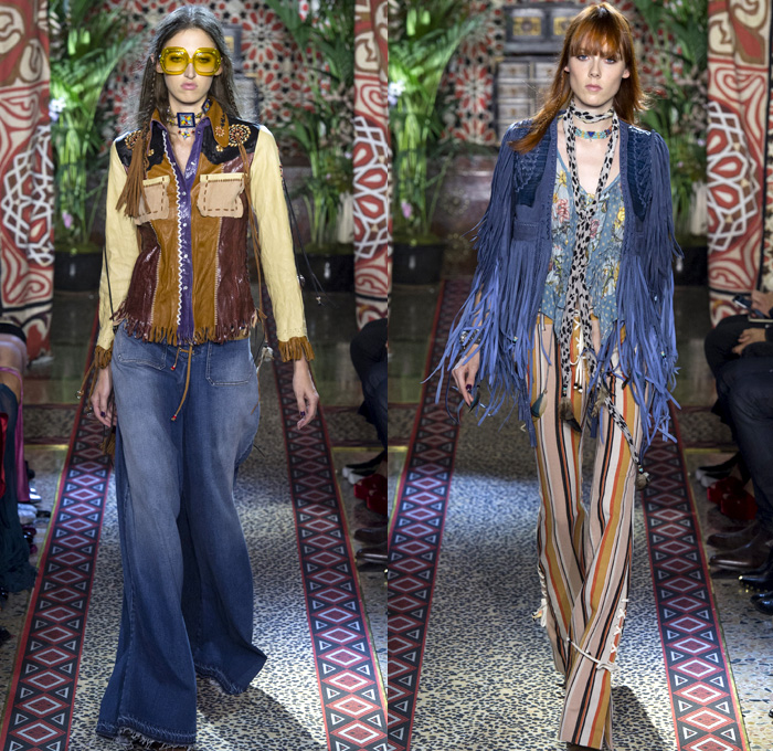 Roberto Cavalli 2017 Spring Summer Womens Runway Catwalk Looks - Milano Moda Donna Collezione Milan Fashion Week Italy - 1970s Seventies Hippie Bohemian Boho Chic Flare Patchwork Denim Jeans Poncho Cloak Cape Fringes Tribal Ethnic Folk Native American Western Cowgirl Vest Gilet Flowers Floral Mix Match Suede Stripes Embroidery Bedazzled Sheer Chiffon Jacket Blazer Velvet Bralette Cargo Pockets Robe Geometric Beads Strapless Blouse Sequins Ruffles Gold Jacquard Furry Leather Maxi Dress Goddess Gown Eveningwear Studs Leg O'Mutton Sleeves Ombre Leopard Halterneck Lace Up Earrings Wide Belt Choker Boots Scarf Feathers Colored Sunglasses Handbag Bangles