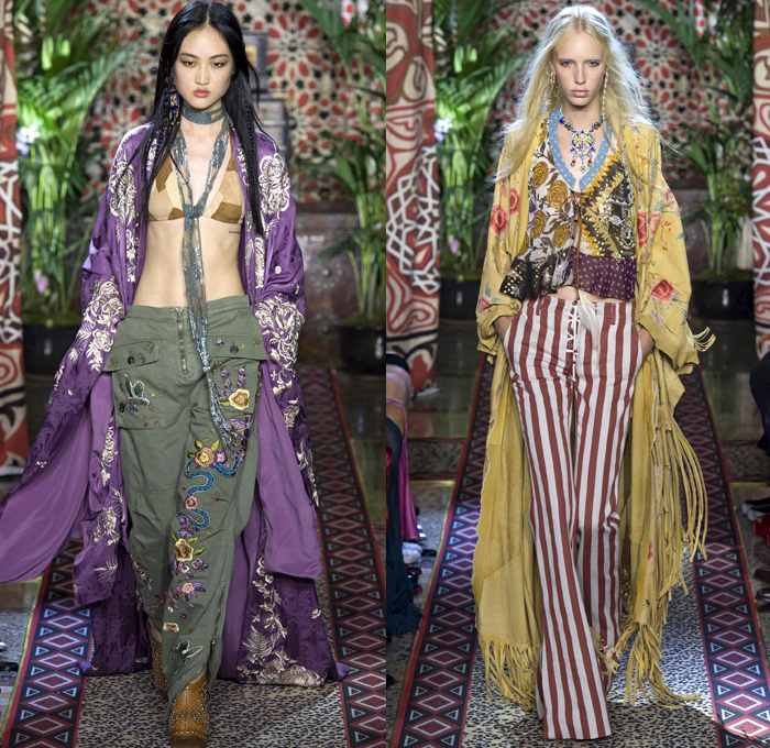 Roberto Cavalli 2017 Spring Summer Womens Runway Catwalk Looks - Milano Moda Donna Collezione Milan Fashion Week Italy - 1970s Seventies Hippie Bohemian Boho Chic Flare Patchwork Denim Jeans Poncho Cloak Cape Fringes Tribal Ethnic Folk Native American Western Cowgirl Vest Gilet Flowers Floral Mix Match Suede Stripes Embroidery Bedazzled Sheer Chiffon Jacket Blazer Velvet Bralette Cargo Pockets Robe Geometric Beads Strapless Blouse Sequins Ruffles Gold Jacquard Furry Leather Maxi Dress Goddess Gown Eveningwear Studs Leg O'Mutton Sleeves Ombre Leopard Halterneck Lace Up Earrings Wide Belt Choker Boots Scarf Feathers Colored Sunglasses Handbag Bangles