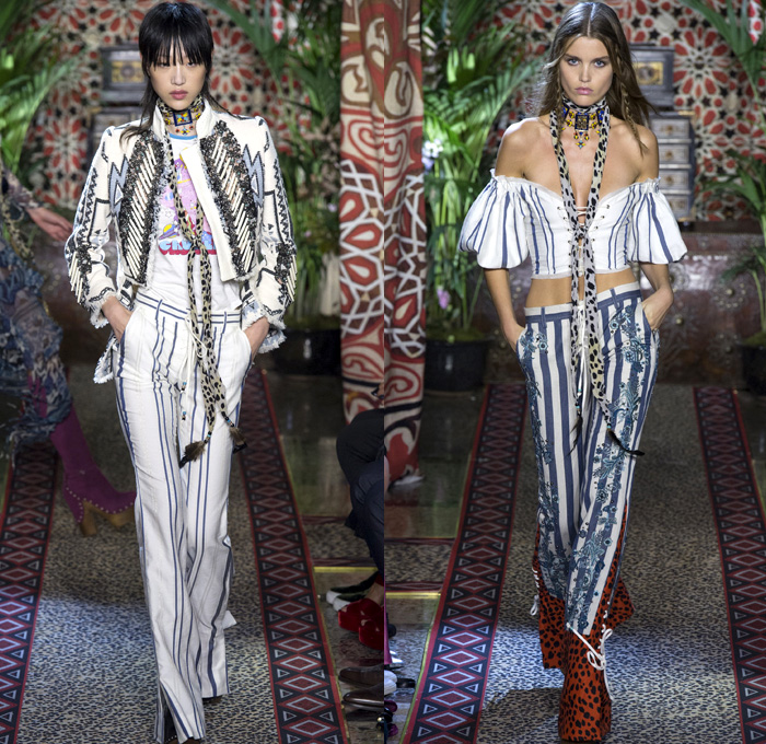 Roberto Cavalli 2017 Spring Summer Womens Runway Catwalk Looks - Milano Moda Donna Collezione Milan Fashion Week Italy - 1970s Seventies Hippie Bohemian Boho Chic Flare Patchwork Denim Jeans Poncho Cloak Cape Fringes Tribal Ethnic Folk Native American Western Cowgirl Vest Gilet Flowers Floral Mix Match Suede Stripes Embroidery Bedazzled Sheer Chiffon Jacket Blazer Velvet Bralette Cargo Pockets Robe Geometric Beads Strapless Blouse Sequins Ruffles Gold Jacquard Furry Leather Maxi Dress Goddess Gown Eveningwear Studs Leg O'Mutton Sleeves Ombre Leopard Halterneck Lace Up Earrings Wide Belt Choker Boots Scarf Feathers Colored Sunglasses Handbag Bangles