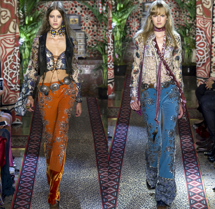 Roberto Cavalli 2017 Spring Summer Womens Runway Catwalk Looks - Milano Moda Donna Collezione Milan Fashion Week Italy - 1970s Seventies Hippie Bohemian Boho Chic Flare Patchwork Denim Jeans Poncho Cloak Cape Fringes Tribal Ethnic Folk Native American Western Cowgirl Vest Gilet Flowers Floral Mix Match Suede Stripes Embroidery Bedazzled Sheer Chiffon Jacket Blazer Velvet Bralette Cargo Pockets Robe Geometric Beads Strapless Blouse Sequins Ruffles Gold Jacquard Furry Leather Maxi Dress Goddess Gown Eveningwear Studs Leg O'Mutton Sleeves Ombre Leopard Halterneck Lace Up Earrings Wide Belt Choker Boots Scarf Feathers Colored Sunglasses Handbag Bangles