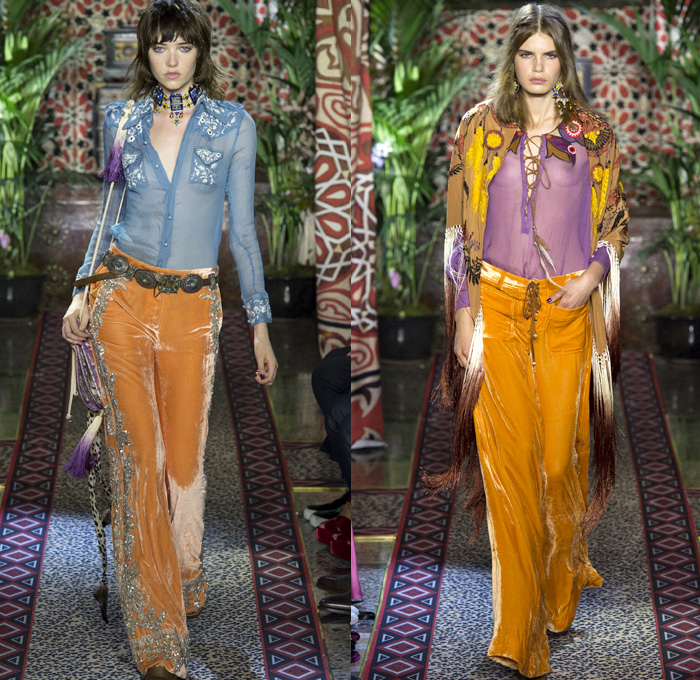 Roberto Cavalli 2017 Spring Summer Womens Runway Catwalk Looks - Milano Moda Donna Collezione Milan Fashion Week Italy - 1970s Seventies Hippie Bohemian Boho Chic Flare Patchwork Denim Jeans Poncho Cloak Cape Fringes Tribal Ethnic Folk Native American Western Cowgirl Vest Gilet Flowers Floral Mix Match Suede Stripes Embroidery Bedazzled Sheer Chiffon Jacket Blazer Velvet Bralette Cargo Pockets Robe Geometric Beads Strapless Blouse Sequins Ruffles Gold Jacquard Furry Leather Maxi Dress Goddess Gown Eveningwear Studs Leg O'Mutton Sleeves Ombre Leopard Halterneck Lace Up Earrings Wide Belt Choker Boots Scarf Feathers Colored Sunglasses Handbag Bangles