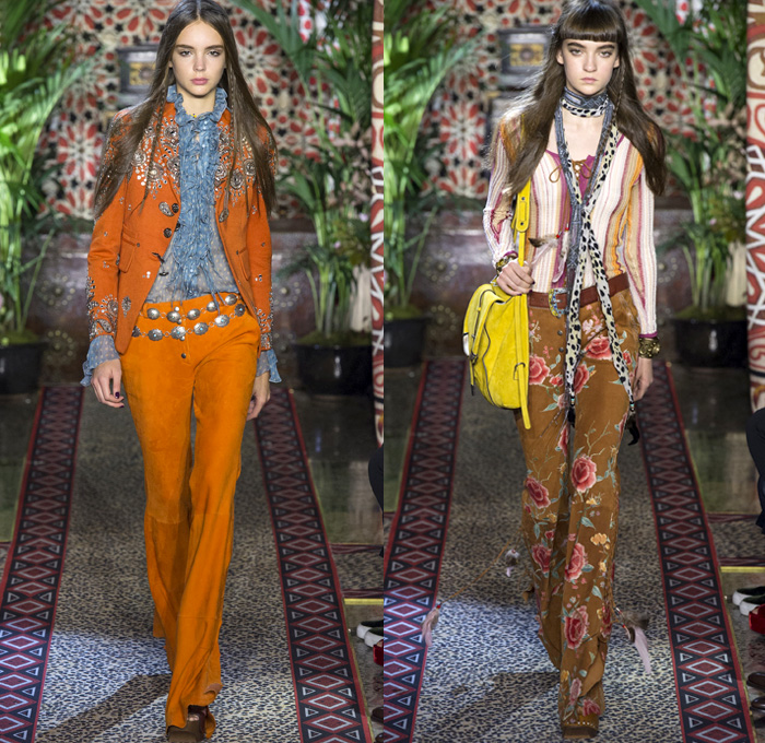 Roberto Cavalli 2017 Spring Summer Womens Runway Catwalk Looks - Milano Moda Donna Collezione Milan Fashion Week Italy - 1970s Seventies Hippie Bohemian Boho Chic Flare Patchwork Denim Jeans Poncho Cloak Cape Fringes Tribal Ethnic Folk Native American Western Cowgirl Vest Gilet Flowers Floral Mix Match Suede Stripes Embroidery Bedazzled Sheer Chiffon Jacket Blazer Velvet Bralette Cargo Pockets Robe Geometric Beads Strapless Blouse Sequins Ruffles Gold Jacquard Furry Leather Maxi Dress Goddess Gown Eveningwear Studs Leg O'Mutton Sleeves Ombre Leopard Halterneck Lace Up Earrings Wide Belt Choker Boots Scarf Feathers Colored Sunglasses Handbag Bangles