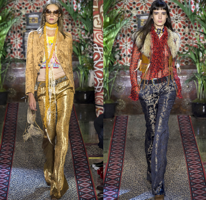 Roberto Cavalli 2017 Spring Summer Womens Runway Catwalk Looks - Milano Moda Donna Collezione Milan Fashion Week Italy - 1970s Seventies Hippie Bohemian Boho Chic Flare Patchwork Denim Jeans Poncho Cloak Cape Fringes Tribal Ethnic Folk Native American Western Cowgirl Vest Gilet Flowers Floral Mix Match Suede Stripes Embroidery Bedazzled Sheer Chiffon Jacket Blazer Velvet Bralette Cargo Pockets Robe Geometric Beads Strapless Blouse Sequins Ruffles Gold Jacquard Furry Leather Maxi Dress Goddess Gown Eveningwear Studs Leg O'Mutton Sleeves Ombre Leopard Halterneck Lace Up Earrings Wide Belt Choker Boots Scarf Feathers Colored Sunglasses Handbag Bangles