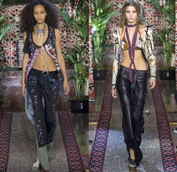 Roberto Cavalli 2017 Spring Summer Womens Runway Catwalk Looks - Milano Moda Donna Collezione Milan Fashion Week Italy - 1970s Seventies Hippie Bohemian Boho Chic Flare Patchwork Denim Jeans Poncho Cloak Cape Fringes Tribal Ethnic Folk Native American Western Cowgirl Vest Gilet Flowers Floral Mix Match Suede Stripes Embroidery Bedazzled Sheer Chiffon Jacket Blazer Velvet Bralette Cargo Pockets Robe Geometric Beads Strapless Blouse Sequins Ruffles Gold Jacquard Furry Leather Maxi Dress Goddess Gown Eveningwear Studs Leg O'Mutton Sleeves Ombre Leopard Halterneck Lace Up Earrings Wide Belt Choker Boots Scarf Feathers Colored Sunglasses Handbag Bangles