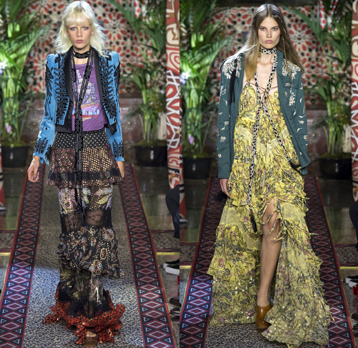 Roberto Cavalli 2017 Spring Summer Womens Runway Catwalk Looks - Milano Moda Donna Collezione Milan Fashion Week Italy - 1970s Seventies Hippie Bohemian Boho Chic Flare Patchwork Denim Jeans Poncho Cloak Cape Fringes Tribal Ethnic Folk Native American Western Cowgirl Vest Gilet Flowers Floral Mix Match Suede Stripes Embroidery Bedazzled Sheer Chiffon Jacket Blazer Velvet Bralette Cargo Pockets Robe Geometric Beads Strapless Blouse Sequins Ruffles Gold Jacquard Furry Leather Maxi Dress Goddess Gown Eveningwear Studs Leg O'Mutton Sleeves Ombre Leopard Halterneck Lace Up Earrings Wide Belt Choker Boots Scarf Feathers Colored Sunglasses Handbag Bangles