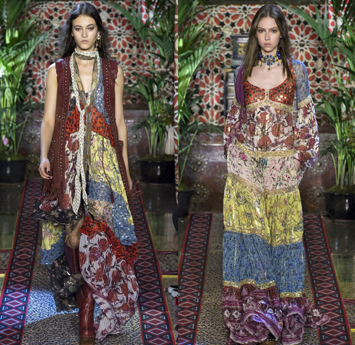 Roberto Cavalli 2017 Spring Summer Womens Runway Catwalk Looks - Milano Moda Donna Collezione Milan Fashion Week Italy - 1970s Seventies Hippie Bohemian Boho Chic Flare Patchwork Denim Jeans Poncho Cloak Cape Fringes Tribal Ethnic Folk Native American Western Cowgirl Vest Gilet Flowers Floral Mix Match Suede Stripes Embroidery Bedazzled Sheer Chiffon Jacket Blazer Velvet Bralette Cargo Pockets Robe Geometric Beads Strapless Blouse Sequins Ruffles Gold Jacquard Furry Leather Maxi Dress Goddess Gown Eveningwear Studs Leg O'Mutton Sleeves Ombre Leopard Halterneck Lace Up Earrings Wide Belt Choker Boots Scarf Feathers Colored Sunglasses Handbag Bangles