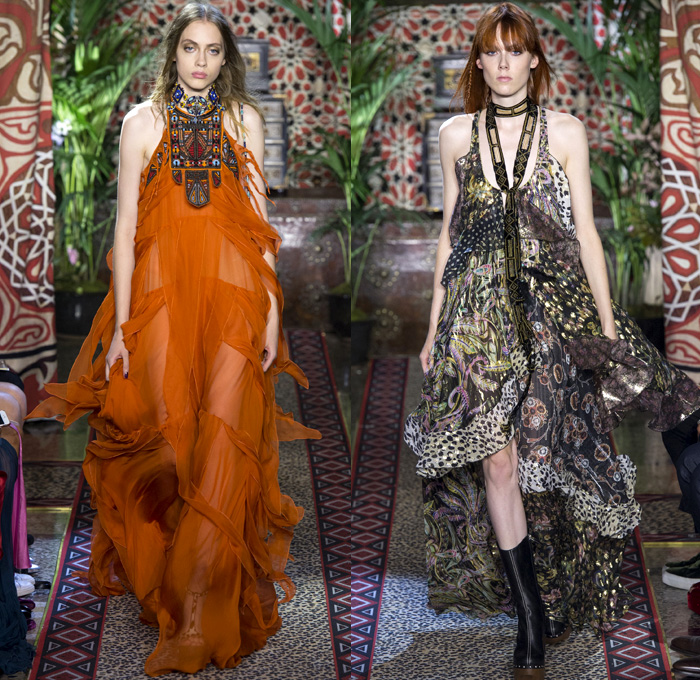 Roberto Cavalli 2017 Spring Summer Womens Runway Catwalk Looks - Milano Moda Donna Collezione Milan Fashion Week Italy - 1970s Seventies Hippie Bohemian Boho Chic Flare Patchwork Denim Jeans Poncho Cloak Cape Fringes Tribal Ethnic Folk Native American Western Cowgirl Vest Gilet Flowers Floral Mix Match Suede Stripes Embroidery Bedazzled Sheer Chiffon Jacket Blazer Velvet Bralette Cargo Pockets Robe Geometric Beads Strapless Blouse Sequins Ruffles Gold Jacquard Furry Leather Maxi Dress Goddess Gown Eveningwear Studs Leg O'Mutton Sleeves Ombre Leopard Halterneck Lace Up Earrings Wide Belt Choker Boots Scarf Feathers Colored Sunglasses Handbag Bangles