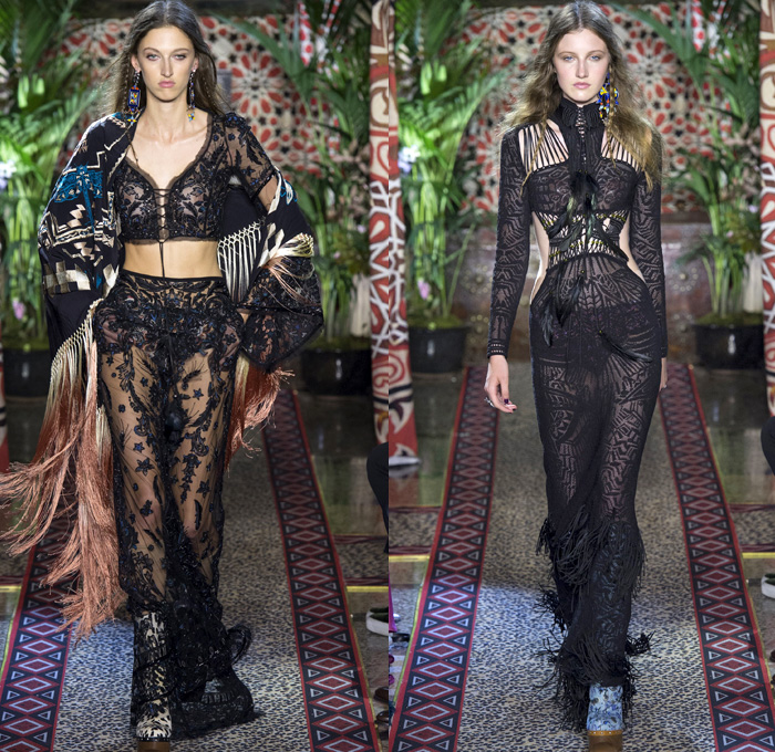 Roberto Cavalli 2017 Spring Summer Womens Runway Catwalk Looks - Milano Moda Donna Collezione Milan Fashion Week Italy - 1970s Seventies Hippie Bohemian Boho Chic Flare Patchwork Denim Jeans Poncho Cloak Cape Fringes Tribal Ethnic Folk Native American Western Cowgirl Vest Gilet Flowers Floral Mix Match Suede Stripes Embroidery Bedazzled Sheer Chiffon Jacket Blazer Velvet Bralette Cargo Pockets Robe Geometric Beads Strapless Blouse Sequins Ruffles Gold Jacquard Furry Leather Maxi Dress Goddess Gown Eveningwear Studs Leg O'Mutton Sleeves Ombre Leopard Halterneck Lace Up Earrings Wide Belt Choker Boots Scarf Feathers Colored Sunglasses Handbag Bangles