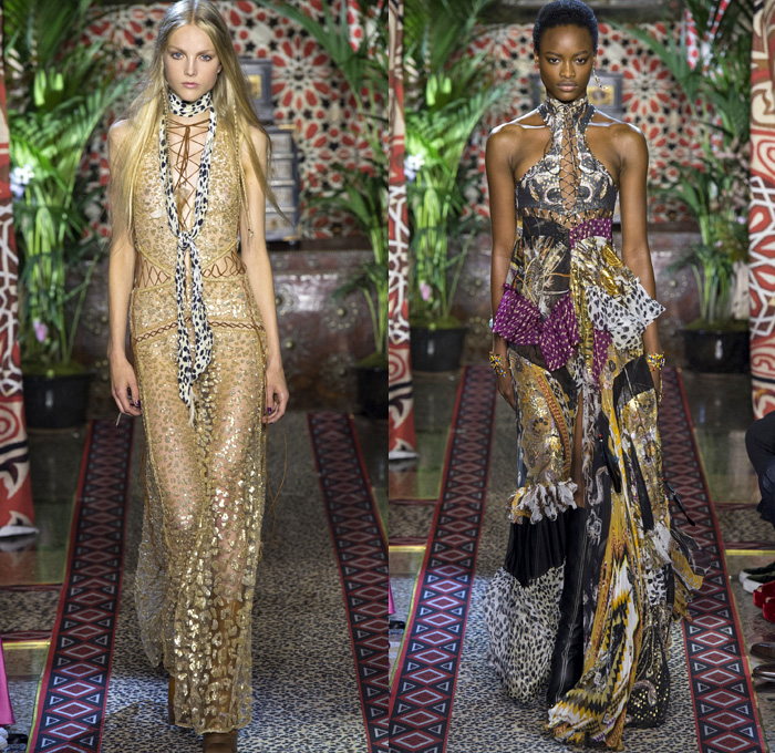 Roberto Cavalli 2017 Spring Summer Womens Runway Catwalk Looks - Milano Moda Donna Collezione Milan Fashion Week Italy - 1970s Seventies Hippie Bohemian Boho Chic Flare Patchwork Denim Jeans Poncho Cloak Cape Fringes Tribal Ethnic Folk Native American Western Cowgirl Vest Gilet Flowers Floral Mix Match Suede Stripes Embroidery Bedazzled Sheer Chiffon Jacket Blazer Velvet Bralette Cargo Pockets Robe Geometric Beads Strapless Blouse Sequins Ruffles Gold Jacquard Furry Leather Maxi Dress Goddess Gown Eveningwear Studs Leg O'Mutton Sleeves Ombre Leopard Halterneck Lace Up Earrings Wide Belt Choker Boots Scarf Feathers Colored Sunglasses Handbag Bangles