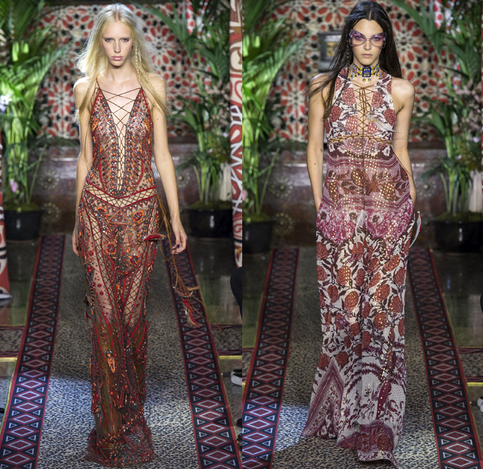 Roberto Cavalli 2017 Spring Summer Womens Runway Catwalk Looks - Milano Moda Donna Collezione Milan Fashion Week Italy - 1970s Seventies Hippie Bohemian Boho Chic Flare Patchwork Denim Jeans Poncho Cloak Cape Fringes Tribal Ethnic Folk Native American Western Cowgirl Vest Gilet Flowers Floral Mix Match Suede Stripes Embroidery Bedazzled Sheer Chiffon Jacket Blazer Velvet Bralette Cargo Pockets Robe Geometric Beads Strapless Blouse Sequins Ruffles Gold Jacquard Furry Leather Maxi Dress Goddess Gown Eveningwear Studs Leg O'Mutton Sleeves Ombre Leopard Halterneck Lace Up Earrings Wide Belt Choker Boots Scarf Feathers Colored Sunglasses Handbag Bangles