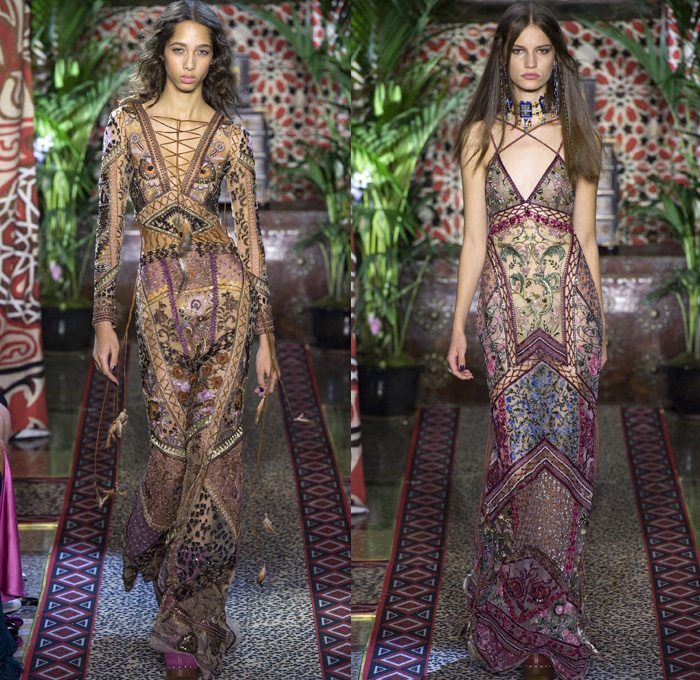 Roberto Cavalli 2017 Spring Summer Womens Runway Catwalk Looks - Milano Moda Donna Collezione Milan Fashion Week Italy - 1970s Seventies Hippie Bohemian Boho Chic Flare Patchwork Denim Jeans Poncho Cloak Cape Fringes Tribal Ethnic Folk Native American Western Cowgirl Vest Gilet Flowers Floral Mix Match Suede Stripes Embroidery Bedazzled Sheer Chiffon Jacket Blazer Velvet Bralette Cargo Pockets Robe Geometric Beads Strapless Blouse Sequins Ruffles Gold Jacquard Furry Leather Maxi Dress Goddess Gown Eveningwear Studs Leg O'Mutton Sleeves Ombre Leopard Halterneck Lace Up Earrings Wide Belt Choker Boots Scarf Feathers Colored Sunglasses Handbag Bangles