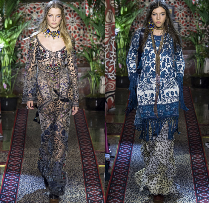 Roberto Cavalli 2017 Spring Summer Womens Runway Catwalk Looks - Milano Moda Donna Collezione Milan Fashion Week Italy - 1970s Seventies Hippie Bohemian Boho Chic Flare Patchwork Denim Jeans Poncho Cloak Cape Fringes Tribal Ethnic Folk Native American Western Cowgirl Vest Gilet Flowers Floral Mix Match Suede Stripes Embroidery Bedazzled Sheer Chiffon Jacket Blazer Velvet Bralette Cargo Pockets Robe Geometric Beads Strapless Blouse Sequins Ruffles Gold Jacquard Furry Leather Maxi Dress Goddess Gown Eveningwear Studs Leg O'Mutton Sleeves Ombre Leopard Halterneck Lace Up Earrings Wide Belt Choker Boots Scarf Feathers Colored Sunglasses Handbag Bangles