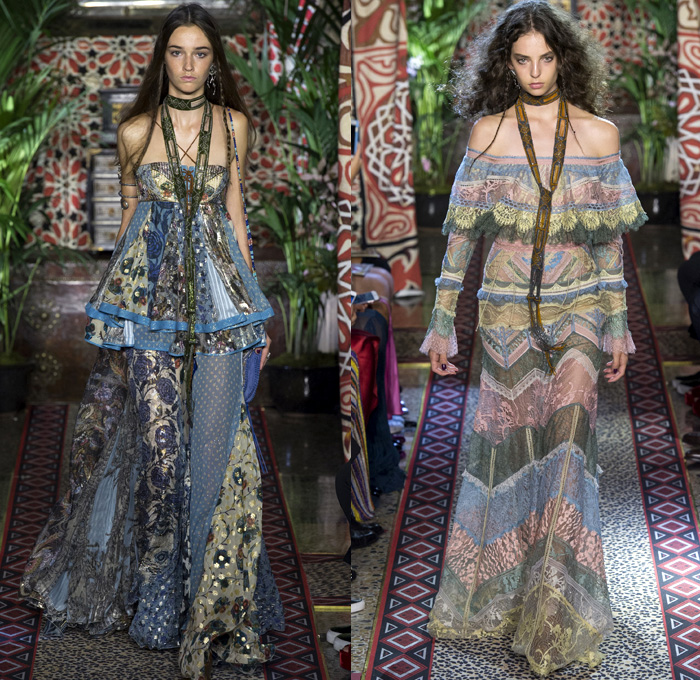 Roberto Cavalli 2017 Spring Summer Womens Runway Catwalk Looks - Milano Moda Donna Collezione Milan Fashion Week Italy - 1970s Seventies Hippie Bohemian Boho Chic Flare Patchwork Denim Jeans Poncho Cloak Cape Fringes Tribal Ethnic Folk Native American Western Cowgirl Vest Gilet Flowers Floral Mix Match Suede Stripes Embroidery Bedazzled Sheer Chiffon Jacket Blazer Velvet Bralette Cargo Pockets Robe Geometric Beads Strapless Blouse Sequins Ruffles Gold Jacquard Furry Leather Maxi Dress Goddess Gown Eveningwear Studs Leg O'Mutton Sleeves Ombre Leopard Halterneck Lace Up Earrings Wide Belt Choker Boots Scarf Feathers Colored Sunglasses Handbag Bangles