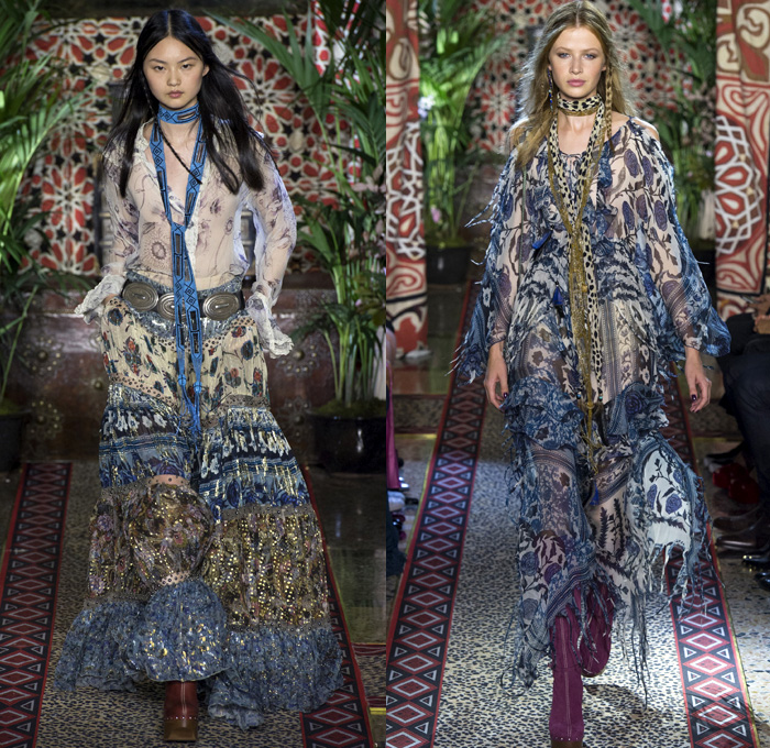 Roberto Cavalli 2017 Spring Summer Womens Runway Catwalk Looks - Milano Moda Donna Collezione Milan Fashion Week Italy - 1970s Seventies Hippie Bohemian Boho Chic Flare Patchwork Denim Jeans Poncho Cloak Cape Fringes Tribal Ethnic Folk Native American Western Cowgirl Vest Gilet Flowers Floral Mix Match Suede Stripes Embroidery Bedazzled Sheer Chiffon Jacket Blazer Velvet Bralette Cargo Pockets Robe Geometric Beads Strapless Blouse Sequins Ruffles Gold Jacquard Furry Leather Maxi Dress Goddess Gown Eveningwear Studs Leg O'Mutton Sleeves Ombre Leopard Halterneck Lace Up Earrings Wide Belt Choker Boots Scarf Feathers Colored Sunglasses Handbag Bangles