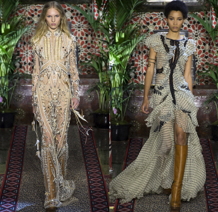 Roberto Cavalli 2017 Spring Summer Womens Runway Catwalk Looks - Milano Moda Donna Collezione Milan Fashion Week Italy - 1970s Seventies Hippie Bohemian Boho Chic Flare Patchwork Denim Jeans Poncho Cloak Cape Fringes Tribal Ethnic Folk Native American Western Cowgirl Vest Gilet Flowers Floral Mix Match Suede Stripes Embroidery Bedazzled Sheer Chiffon Jacket Blazer Velvet Bralette Cargo Pockets Robe Geometric Beads Strapless Blouse Sequins Ruffles Gold Jacquard Furry Leather Maxi Dress Goddess Gown Eveningwear Studs Leg O'Mutton Sleeves Ombre Leopard Halterneck Lace Up Earrings Wide Belt Choker Boots Scarf Feathers Colored Sunglasses Handbag Bangles