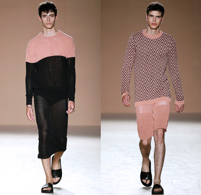 Samuel Alarcón 2017 Spring Summer Mens Runway Catwalk Looks - 080 Barcelona Fashion Catalonia Catalan Spain - Etimologia Del Yo Agender Sleeveless Zigzag Paper Bag Waist Ruffles Crumpled Flowers Floral Knit Sweater Jumper Pullover Pants Trousers Fringes ManSkirt Sarong Frock Shorts Lace Up Braid Wool Tank Top Androgyny Sheer Chiffon