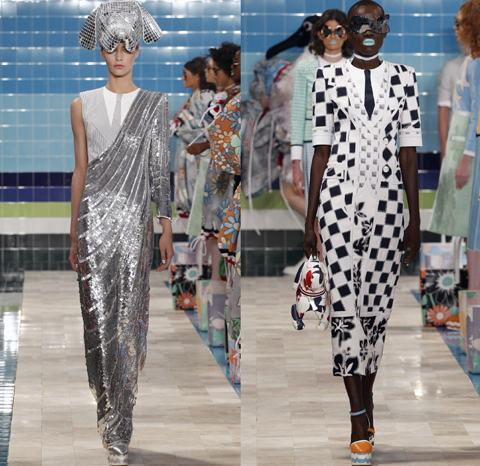 Thom Browne 2017 Spring Summer Womens Runway Catwalk Looks - New York Fashion Week - Tailored Facade Trompe L'oeil Pseudo Layering Suit Necktie Blazer Jacket Cardigan Stepford Wives Country Club Pastel Maxi Dress Gown Embroidery Sequins Check Chess Board Grid Anchor Flowers Floral Leaves Foliage Topstitch Furry Embossed Bow Silk Satin Knit Weave Chain Corduroy Stripes Fringes Frayed Dog Mirrors Hat Handbag Funky Fish Fish Mouth Lifebuoy Whale Sunglasses PVC