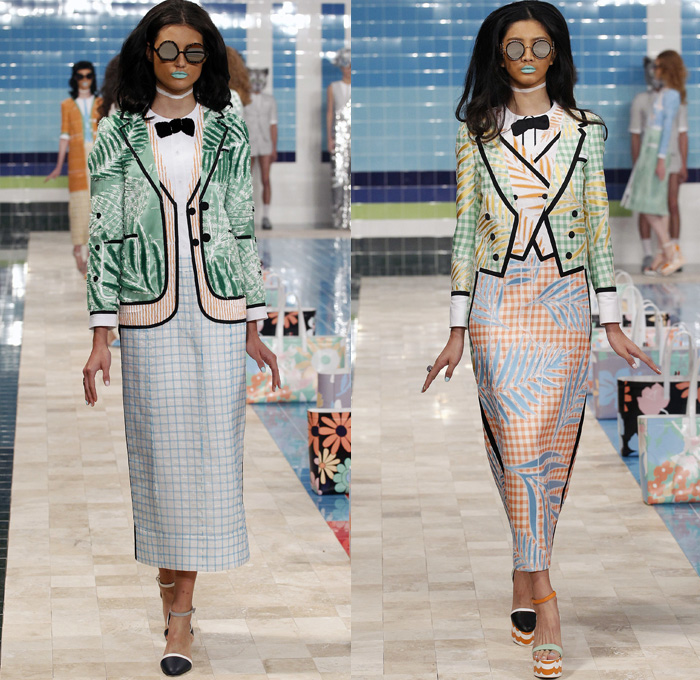 Thom Browne 2017 Spring Summer Womens Runway Catwalk Looks - New York Fashion Week - Tailored Facade Trompe L'oeil Pseudo Layering Suit Necktie Blazer Jacket Cardigan Stepford Wives Country Club Pastel Maxi Dress Gown Embroidery Sequins Check Chess Board Grid Anchor Flowers Floral Leaves Foliage Topstitch Furry Embossed Bow Silk Satin Knit Weave Chain Corduroy Stripes Fringes Frayed Dog Mirrors Hat Handbag Funky Fish Fish Mouth Lifebuoy Whale Sunglasses PVC