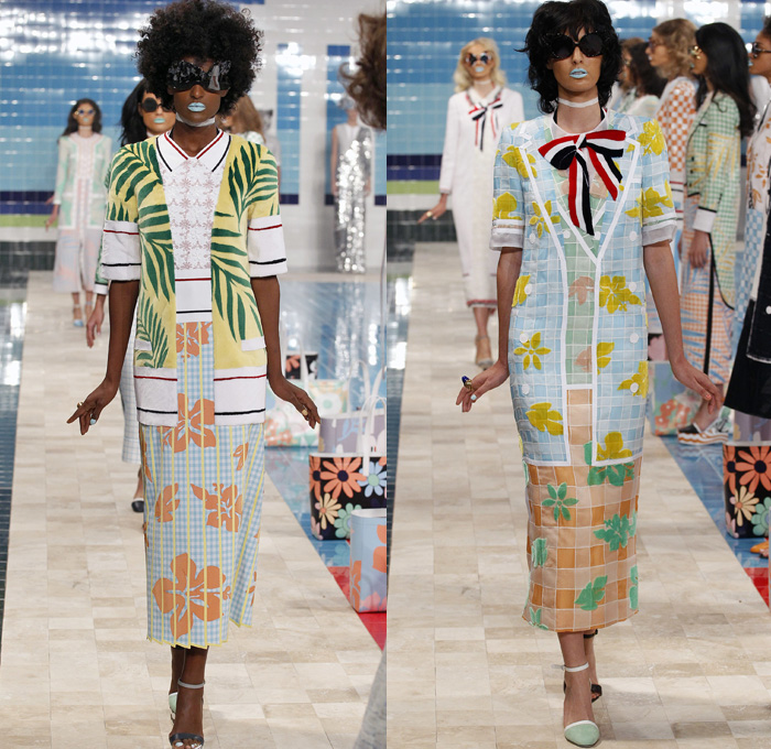 Thom Browne 2017 Spring Summer Womens Runway Catwalk Looks - New York Fashion Week - Tailored Facade Trompe L'oeil Pseudo Layering Suit Necktie Blazer Jacket Cardigan Stepford Wives Country Club Pastel Maxi Dress Gown Embroidery Sequins Check Chess Board Grid Anchor Flowers Floral Leaves Foliage Topstitch Furry Embossed Bow Silk Satin Knit Weave Chain Corduroy Stripes Fringes Frayed Dog Mirrors Hat Handbag Funky Fish Fish Mouth Lifebuoy Whale Sunglasses PVC