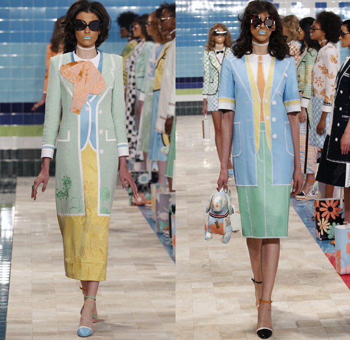 Thom Browne 2017 Spring Summer Womens Runway Catwalk Looks - New York Fashion Week - Tailored Facade Trompe L'oeil Pseudo Layering Suit Necktie Blazer Jacket Cardigan Stepford Wives Country Club Pastel Maxi Dress Gown Embroidery Sequins Check Chess Board Grid Anchor Flowers Floral Leaves Foliage Topstitch Furry Embossed Bow Silk Satin Knit Weave Chain Corduroy Stripes Fringes Frayed Dog Mirrors Hat Handbag Funky Fish Fish Mouth Lifebuoy Whale Sunglasses PVC