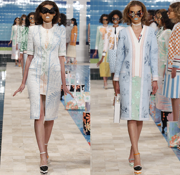 Thom Browne 2017 Spring Summer Womens Runway Catwalk Looks - New York Fashion Week - Tailored Facade Trompe L'oeil Pseudo Layering Suit Necktie Blazer Jacket Cardigan Stepford Wives Country Club Pastel Maxi Dress Gown Embroidery Sequins Check Chess Board Grid Anchor Flowers Floral Leaves Foliage Topstitch Furry Embossed Bow Silk Satin Knit Weave Chain Corduroy Stripes Fringes Frayed Dog Mirrors Hat Handbag Funky Fish Fish Mouth Lifebuoy Whale Sunglasses PVC