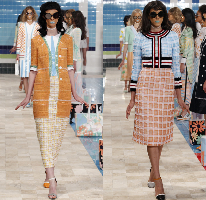 Thom Browne 2017 Spring Summer Womens Runway Catwalk Looks - New York Fashion Week - Tailored Facade Trompe L'oeil Pseudo Layering Suit Necktie Blazer Jacket Cardigan Stepford Wives Country Club Pastel Maxi Dress Gown Embroidery Sequins Check Chess Board Grid Anchor Flowers Floral Leaves Foliage Topstitch Furry Embossed Bow Silk Satin Knit Weave Chain Corduroy Stripes Fringes Frayed Dog Mirrors Hat Handbag Funky Fish Fish Mouth Lifebuoy Whale Sunglasses PVC