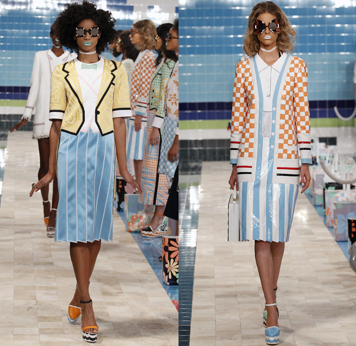 Thom Browne 2017 Spring Summer Womens Runway Catwalk Looks - New York Fashion Week - Tailored Facade Trompe L'oeil Pseudo Layering Suit Necktie Blazer Jacket Cardigan Stepford Wives Country Club Pastel Maxi Dress Gown Embroidery Sequins Check Chess Board Grid Anchor Flowers Floral Leaves Foliage Topstitch Furry Embossed Bow Silk Satin Knit Weave Chain Corduroy Stripes Fringes Frayed Dog Mirrors Hat Handbag Funky Fish Fish Mouth Lifebuoy Whale Sunglasses PVC