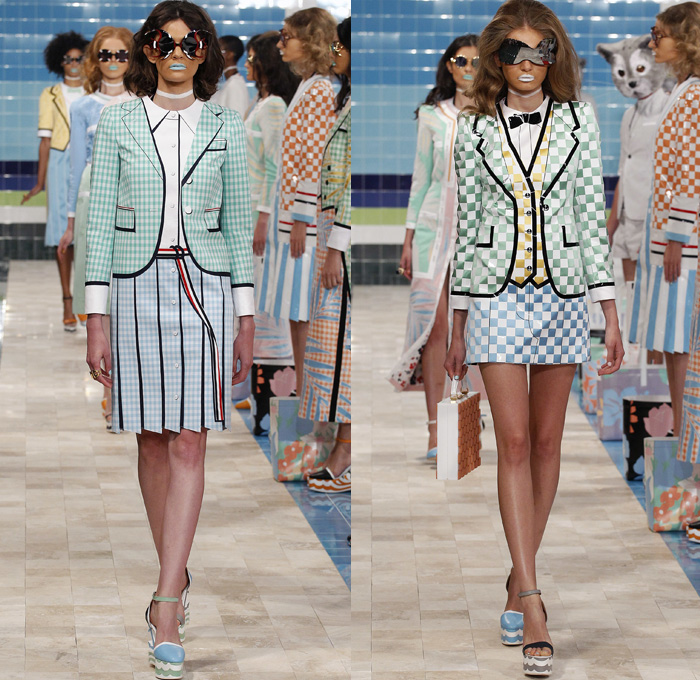 Thom Browne 2017 Spring Summer Womens Runway Catwalk Looks - New York Fashion Week - Tailored Facade Trompe L'oeil Pseudo Layering Suit Necktie Blazer Jacket Cardigan Stepford Wives Country Club Pastel Maxi Dress Gown Embroidery Sequins Check Chess Board Grid Anchor Flowers Floral Leaves Foliage Topstitch Furry Embossed Bow Silk Satin Knit Weave Chain Corduroy Stripes Fringes Frayed Dog Mirrors Hat Handbag Funky Fish Fish Mouth Lifebuoy Whale Sunglasses PVC