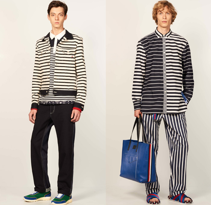 Tommy Hilfiger 2017 Spring Summer Mens Lookbook Presentation - New York Fashion Week Mens NYFWM - Denim Jeans Contrast Stitching Flowers Floral Print Motif Multi-Panel Colorblock Outerwear Regatta Stripes Sneakers Tote Bag Shirt Long Sleeve Outerwear Coat Parka Anorak Hoodie Sandals Khaki Duffel Paisley Backpack Sweater Jumper Shorts Cargo Pockets Knitwear Bomber Jacket Cardigan