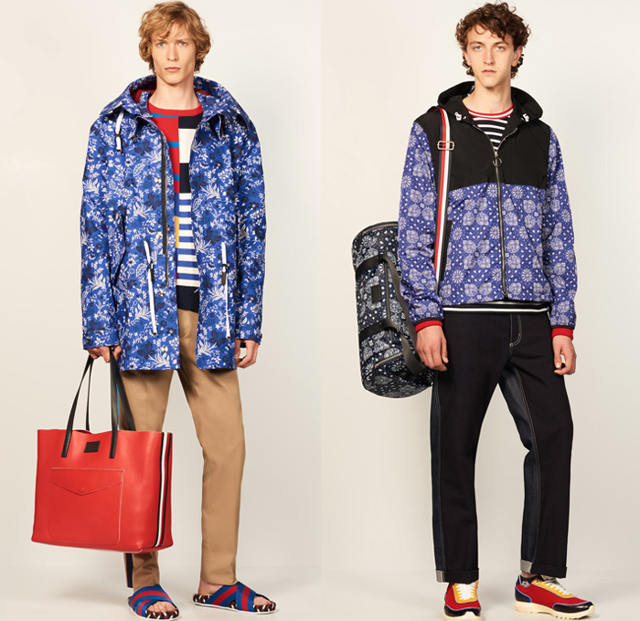 Tommy Hilfiger 2017 Spring Summer Mens Lookbook Presentation - New York Fashion Week Mens NYFWM - Denim Jeans Contrast Stitching Flowers Floral Print Motif Multi-Panel Colorblock Outerwear Regatta Stripes Sneakers Tote Bag Shirt Long Sleeve Outerwear Coat Parka Anorak Hoodie Sandals Khaki Duffel Paisley Backpack Sweater Jumper Shorts Cargo Pockets Knitwear Bomber Jacket Cardigan