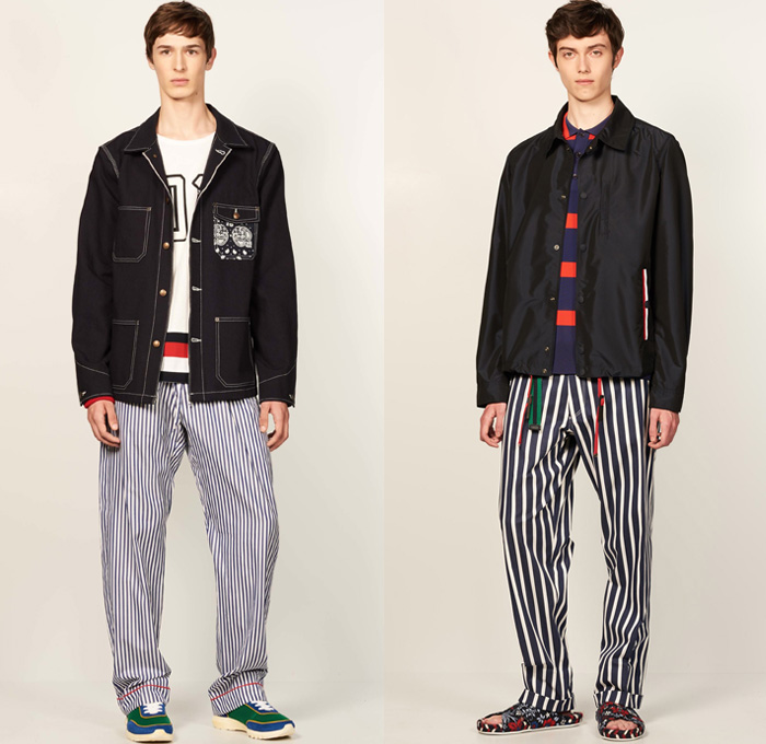 Tommy Hilfiger 2017 Spring Summer Mens Lookbook Presentation - New York Fashion Week Mens NYFWM - Denim Jeans Contrast Stitching Flowers Floral Print Motif Multi-Panel Colorblock Outerwear Regatta Stripes Sneakers Tote Bag Shirt Long Sleeve Outerwear Coat Parka Anorak Hoodie Sandals Khaki Duffel Paisley Backpack Sweater Jumper Shorts Cargo Pockets Knitwear Bomber Jacket Cardigan