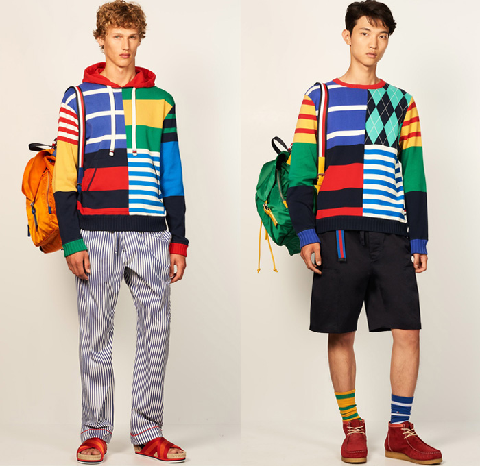 Tommy Hilfiger 2017 Spring Summer Mens Lookbook Presentation - New York Fashion Week Mens NYFWM - Denim Jeans Contrast Stitching Flowers Floral Print Motif Multi-Panel Colorblock Outerwear Regatta Stripes Sneakers Tote Bag Shirt Long Sleeve Outerwear Coat Parka Anorak Hoodie Sandals Khaki Duffel Paisley Backpack Sweater Jumper Shorts Cargo Pockets Knitwear Bomber Jacket Cardigan