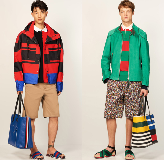 Tommy Hilfiger 2017 Spring Summer Mens Lookbook Presentation - New York Fashion Week Mens NYFWM - Denim Jeans Contrast Stitching Flowers Floral Print Motif Multi-Panel Colorblock Outerwear Regatta Stripes Sneakers Tote Bag Shirt Long Sleeve Outerwear Coat Parka Anorak Hoodie Sandals Khaki Duffel Paisley Backpack Sweater Jumper Shorts Cargo Pockets Knitwear Bomber Jacket Cardigan