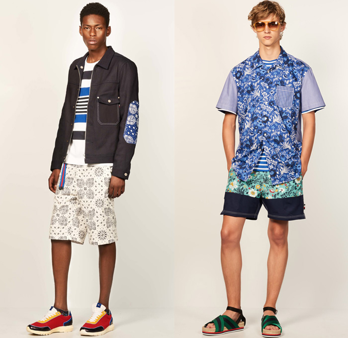 Tommy Hilfiger 2017 Spring Summer Mens Lookbook Presentation - New York Fashion Week Mens NYFWM - Denim Jeans Contrast Stitching Flowers Floral Print Motif Multi-Panel Colorblock Outerwear Regatta Stripes Sneakers Tote Bag Shirt Long Sleeve Outerwear Coat Parka Anorak Hoodie Sandals Khaki Duffel Paisley Backpack Sweater Jumper Shorts Cargo Pockets Knitwear Bomber Jacket Cardigan