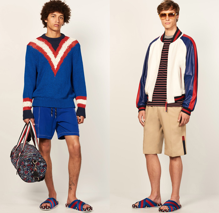 Tommy Hilfiger 2017 Spring Summer Mens Lookbook Presentation - New York Fashion Week Mens NYFWM - Denim Jeans Contrast Stitching Flowers Floral Print Motif Multi-Panel Colorblock Outerwear Regatta Stripes Sneakers Tote Bag Shirt Long Sleeve Outerwear Coat Parka Anorak Hoodie Sandals Khaki Duffel Paisley Backpack Sweater Jumper Shorts Cargo Pockets Knitwear Bomber Jacket Cardigan