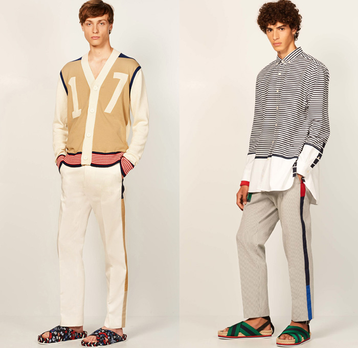 Tommy Hilfiger 2017 Spring Summer Mens Lookbook Presentation - New York Fashion Week Mens NYFWM - Denim Jeans Contrast Stitching Flowers Floral Print Motif Multi-Panel Colorblock Outerwear Regatta Stripes Sneakers Tote Bag Shirt Long Sleeve Outerwear Coat Parka Anorak Hoodie Sandals Khaki Duffel Paisley Backpack Sweater Jumper Shorts Cargo Pockets Knitwear Bomber Jacket Cardigan