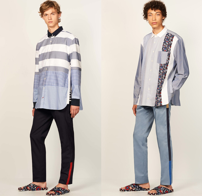 Tommy Hilfiger 2017 Spring Summer Mens Lookbook Presentation - New York Fashion Week Mens NYFWM - Denim Jeans Contrast Stitching Flowers Floral Print Motif Multi-Panel Colorblock Outerwear Regatta Stripes Sneakers Tote Bag Shirt Long Sleeve Outerwear Coat Parka Anorak Hoodie Sandals Khaki Duffel Paisley Backpack Sweater Jumper Shorts Cargo Pockets Knitwear Bomber Jacket Cardigan