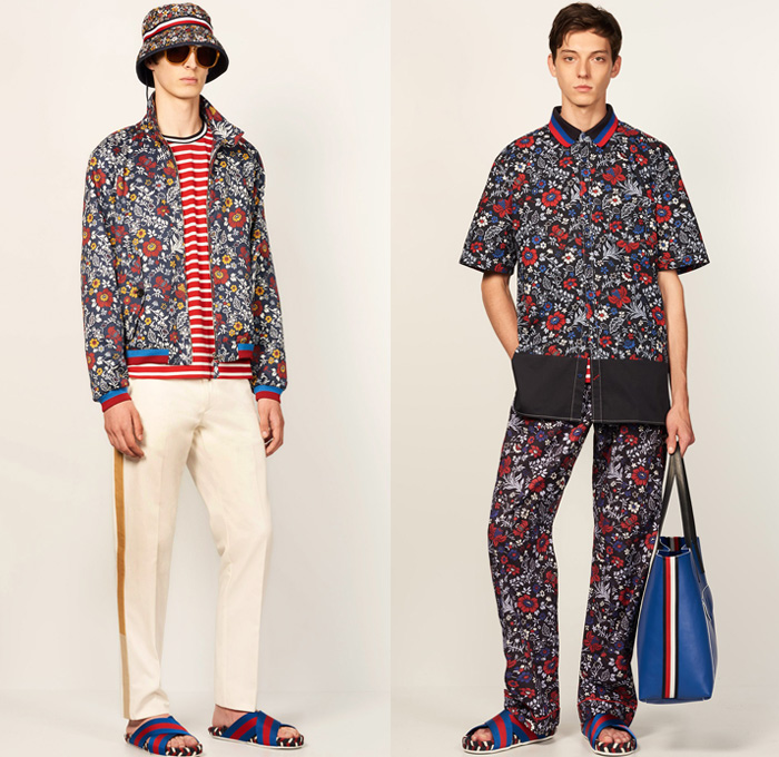 Tommy Hilfiger 2017 Spring Summer Mens Lookbook Presentation - New York Fashion Week Mens NYFWM - Denim Jeans Contrast Stitching Flowers Floral Print Motif Multi-Panel Colorblock Outerwear Regatta Stripes Sneakers Tote Bag Shirt Long Sleeve Outerwear Coat Parka Anorak Hoodie Sandals Khaki Duffel Paisley Backpack Sweater Jumper Shorts Cargo Pockets Knitwear Bomber Jacket Cardigan