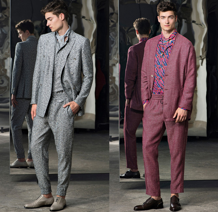 Trussardi 2017 Spring Summer Mens Lookbook Presentation - Milano Moda Uomo Collezione Milan Fashion Week Italy - Outerwear Coat Wool Blazer Suede Scarf Snakeskin Face Illustration Sweater Jumper Elastic Hem Cardigan White Ensemble Plaid Bootcut Bootleg Trousers Knitwear Oxfords Sunglasses Boots Sleepwear Pajamas Lounge Pop Art Boxing Shorts Bag