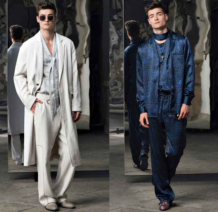 Trussardi 2017 Spring Summer Mens Lookbook Presentation - Milano Moda Uomo Collezione Milan Fashion Week Italy - Outerwear Coat Wool Blazer Suede Scarf Snakeskin Face Illustration Sweater Jumper Elastic Hem Cardigan White Ensemble Plaid Bootcut Bootleg Trousers Knitwear Oxfords Sunglasses Boots Sleepwear Pajamas Lounge Pop Art Boxing Shorts Bag