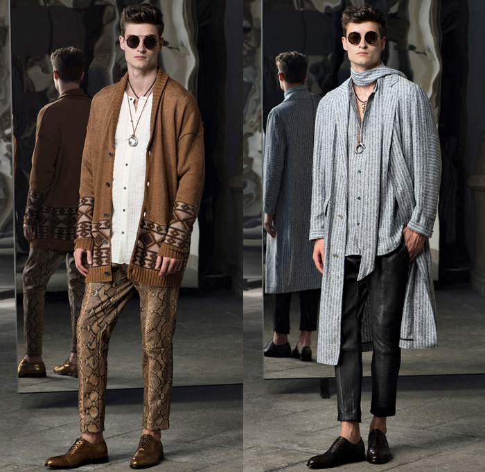 Trussardi 2017 Spring Summer Mens Lookbook Presentation - Milano Moda Uomo Collezione Milan Fashion Week Italy - Outerwear Coat Wool Blazer Suede Scarf Snakeskin Face Illustration Sweater Jumper Elastic Hem Cardigan White Ensemble Plaid Bootcut Bootleg Trousers Knitwear Oxfords Sunglasses Boots Sleepwear Pajamas Lounge Pop Art Boxing Shorts Bag