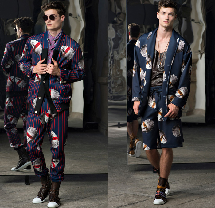 Trussardi 2017 Spring Summer Mens Lookbook Presentation - Milano Moda Uomo Collezione Milan Fashion Week Italy - Outerwear Coat Wool Blazer Suede Scarf Snakeskin Face Illustration Sweater Jumper Elastic Hem Cardigan White Ensemble Plaid Bootcut Bootleg Trousers Knitwear Oxfords Sunglasses Boots Sleepwear Pajamas Lounge Pop Art Boxing Shorts Bag