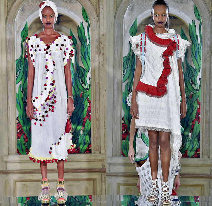 Tsumori Chisato 2017 Spring Summer Womens Lookbook Presentation - Mode à Paris Fashion Week Mode Féminin France - Tassels Pompoms Ornaments Embroidery Adornments Sequins Bedazzled Ruffles Asymmetrical Hem Mesh Fishnet Straps Sheer Chiffon Blouse Long Sleeve Shirt Crepe Spots Pancake Stripes Maxi Dress Halter Top Lace Organic Shape Tiered Mix Wrap Tie Up Knot Art Illustration Car Seabed Skirt Frock Fringes Butterflies Hummingbird Elephant Lion Gladiator Heels Fringes Headwrap Wide Belt Handbag Crossbody Chain Necklace Umbrella Triangle