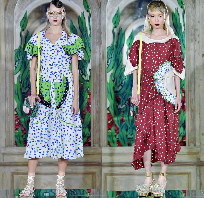 Tsumori Chisato 2017 Spring Summer Womens Lookbook Presentation - Mode à Paris Fashion Week Mode Féminin France - Tassels Pompoms Ornaments Embroidery Adornments Sequins Bedazzled Ruffles Asymmetrical Hem Mesh Fishnet Straps Sheer Chiffon Blouse Long Sleeve Shirt Crepe Spots Pancake Stripes Maxi Dress Halter Top Lace Organic Shape Tiered Mix Wrap Tie Up Knot Art Illustration Car Seabed Skirt Frock Fringes Butterflies Hummingbird Elephant Lion Gladiator Heels Fringes Headwrap Wide Belt Handbag Crossbody Chain Necklace Umbrella Triangle