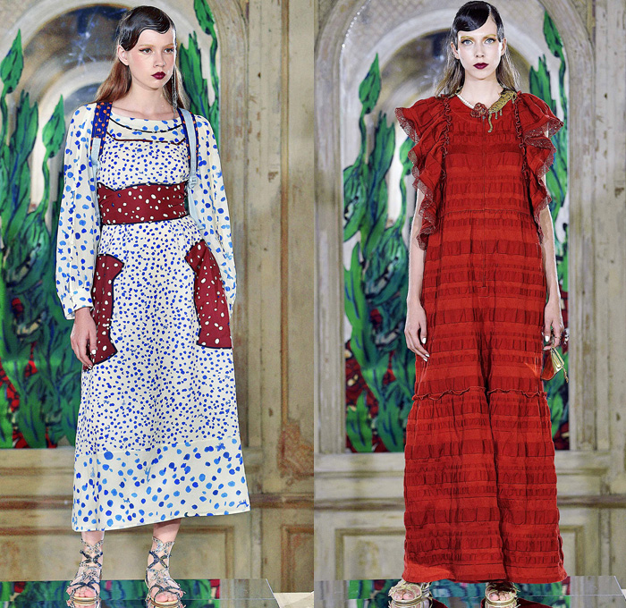 Tsumori Chisato 2017 Spring Summer Womens Lookbook Presentation - Mode à Paris Fashion Week Mode Féminin France - Tassels Pompoms Ornaments Embroidery Adornments Sequins Bedazzled Ruffles Asymmetrical Hem Mesh Fishnet Straps Sheer Chiffon Blouse Long Sleeve Shirt Crepe Spots Pancake Stripes Maxi Dress Halter Top Lace Organic Shape Tiered Mix Wrap Tie Up Knot Art Illustration Car Seabed Skirt Frock Fringes Butterflies Hummingbird Elephant Lion Gladiator Heels Fringes Headwrap Wide Belt Handbag Crossbody Chain Necklace Umbrella Triangle