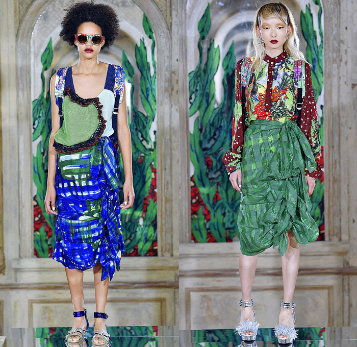 Tsumori Chisato 2017 Spring Summer Womens Lookbook Presentation - Mode à Paris Fashion Week Mode Féminin France - Tassels Pompoms Ornaments Embroidery Adornments Sequins Bedazzled Ruffles Asymmetrical Hem Mesh Fishnet Straps Sheer Chiffon Blouse Long Sleeve Shirt Crepe Spots Pancake Stripes Maxi Dress Halter Top Lace Organic Shape Tiered Mix Wrap Tie Up Knot Art Illustration Car Seabed Skirt Frock Fringes Butterflies Hummingbird Elephant Lion Gladiator Heels Fringes Headwrap Wide Belt Handbag Crossbody Chain Necklace Umbrella Triangle