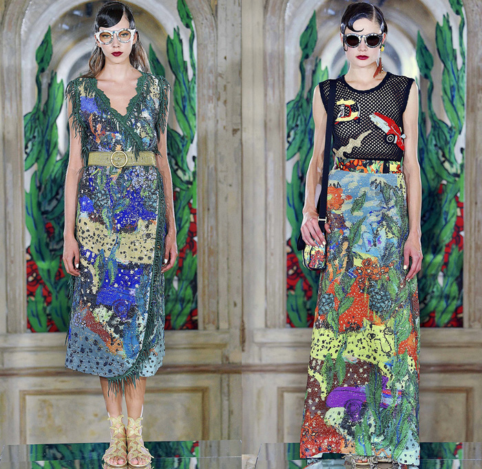 Tsumori Chisato 2017 Spring Summer Womens Lookbook Presentation - Mode à Paris Fashion Week Mode Féminin France - Tassels Pompoms Ornaments Embroidery Adornments Sequins Bedazzled Ruffles Asymmetrical Hem Mesh Fishnet Straps Sheer Chiffon Blouse Long Sleeve Shirt Crepe Spots Pancake Stripes Maxi Dress Halter Top Lace Organic Shape Tiered Mix Wrap Tie Up Knot Art Illustration Car Seabed Skirt Frock Fringes Butterflies Hummingbird Elephant Lion Gladiator Heels Fringes Headwrap Wide Belt Handbag Crossbody Chain Necklace Umbrella Triangle