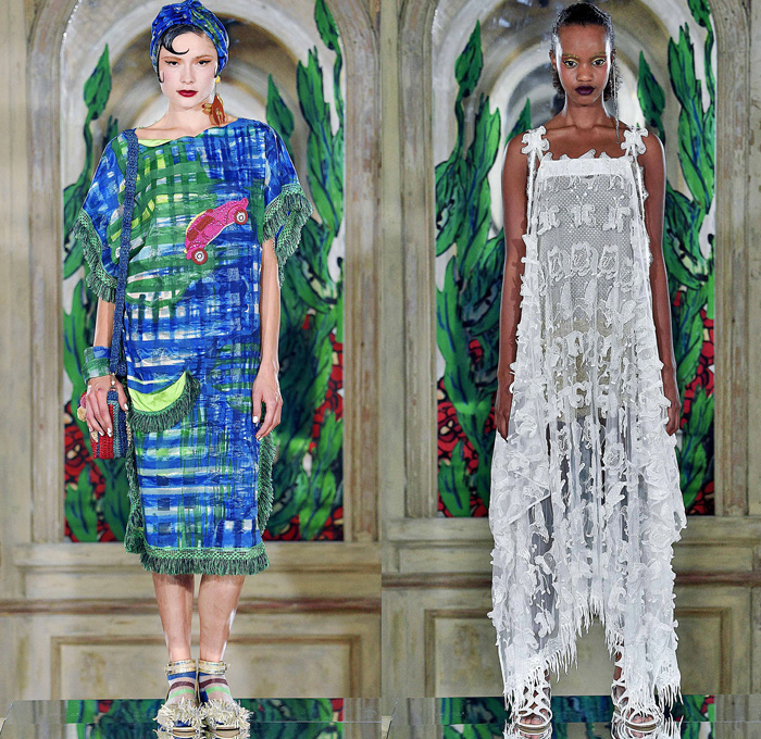 Tsumori Chisato 2017 Spring Summer Womens Lookbook Presentation - Mode à Paris Fashion Week Mode Féminin France - Tassels Pompoms Ornaments Embroidery Adornments Sequins Bedazzled Ruffles Asymmetrical Hem Mesh Fishnet Straps Sheer Chiffon Blouse Long Sleeve Shirt Crepe Spots Pancake Stripes Maxi Dress Halter Top Lace Organic Shape Tiered Mix Wrap Tie Up Knot Art Illustration Car Seabed Skirt Frock Fringes Butterflies Hummingbird Elephant Lion Gladiator Heels Fringes Headwrap Wide Belt Handbag Crossbody Chain Necklace Umbrella Triangle