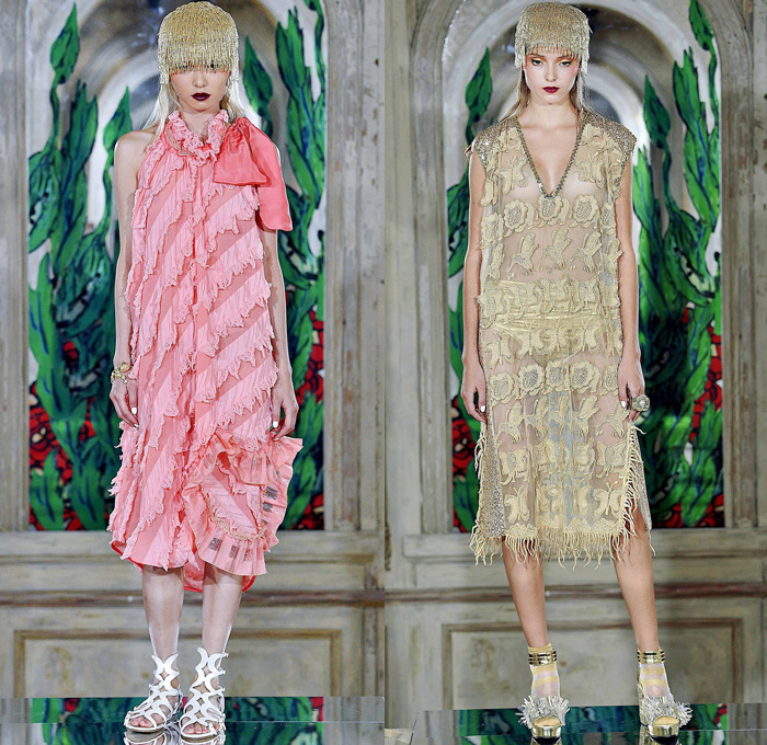 Tsumori Chisato 2017 Spring Summer Womens Lookbook Presentation - Mode à Paris Fashion Week Mode Féminin France - Tassels Pompoms Ornaments Embroidery Adornments Sequins Bedazzled Ruffles Asymmetrical Hem Mesh Fishnet Straps Sheer Chiffon Blouse Long Sleeve Shirt Crepe Spots Pancake Stripes Maxi Dress Halter Top Lace Organic Shape Tiered Mix Wrap Tie Up Knot Art Illustration Car Seabed Skirt Frock Fringes Butterflies Hummingbird Elephant Lion Gladiator Heels Fringes Headwrap Wide Belt Handbag Crossbody Chain Necklace Umbrella Triangle