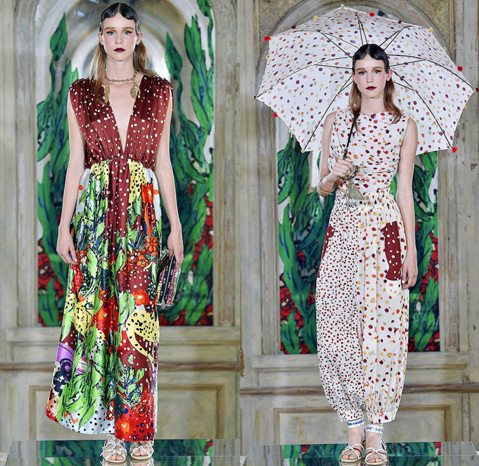 Tsumori Chisato 2017 Spring Summer Womens Lookbook Presentation - Mode à Paris Fashion Week Mode Féminin France - Tassels Pompoms Ornaments Embroidery Adornments Sequins Bedazzled Ruffles Asymmetrical Hem Mesh Fishnet Straps Sheer Chiffon Blouse Long Sleeve Shirt Crepe Spots Pancake Stripes Maxi Dress Halter Top Lace Organic Shape Tiered Mix Wrap Tie Up Knot Art Illustration Car Seabed Skirt Frock Fringes Butterflies Hummingbird Elephant Lion Gladiator Heels Fringes Headwrap Wide Belt Handbag Crossbody Chain Necklace Umbrella Triangle